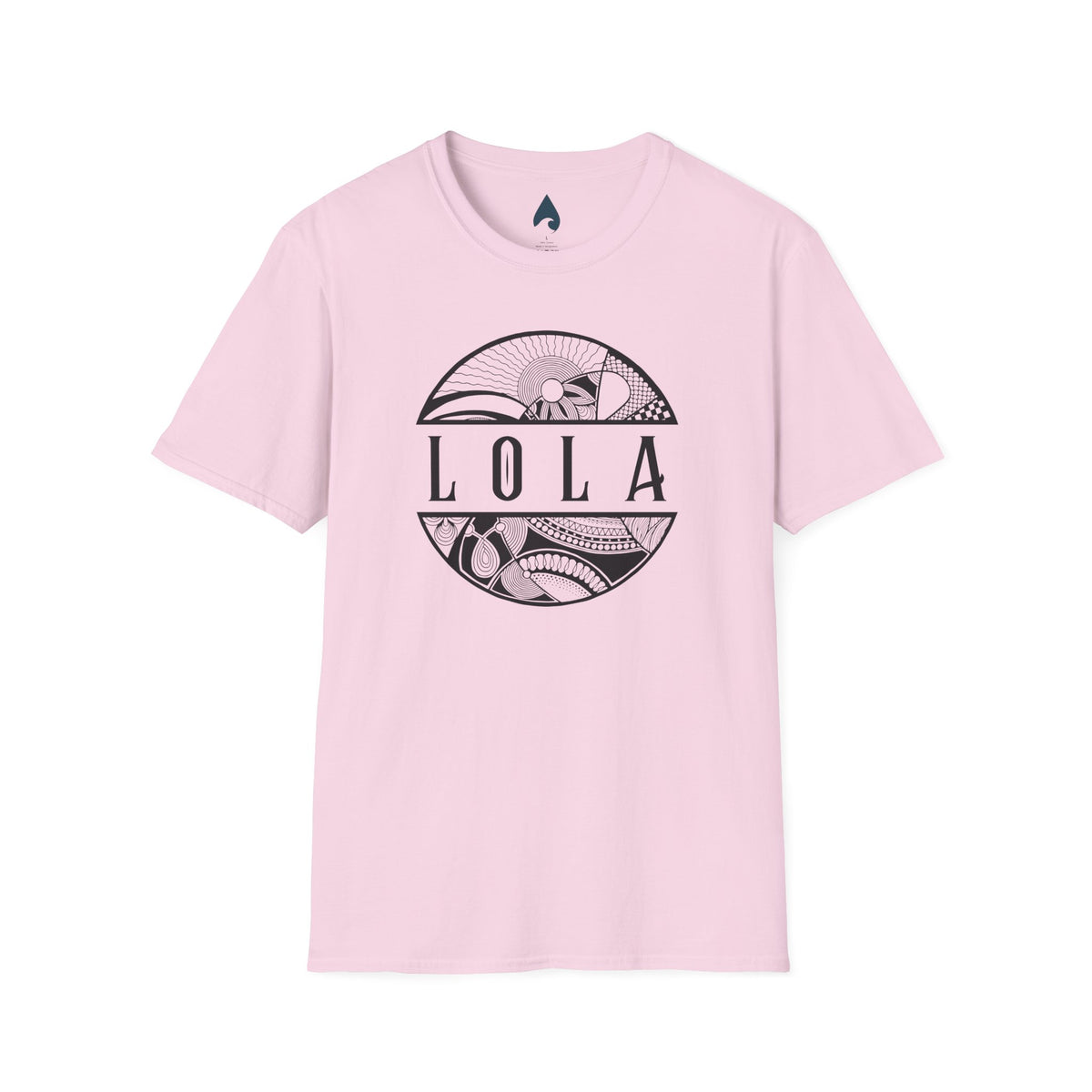 Light pink T-shirt front with black Lola lettering and tribal island circle graphic