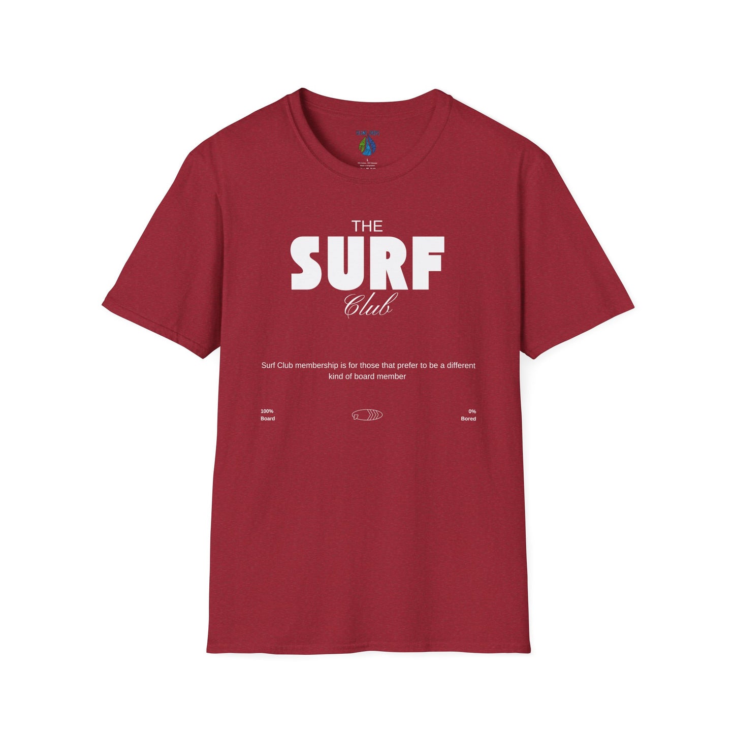 Red t-shirt  with 'THE SURF CLUB' text and meaning, 100% BOARD, 0% BORED - Island Drops t-shirt collection | Unisex t-shirts