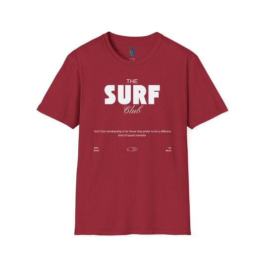 Red t-shirt  with 'THE SURF CLUB' text and meaning, 100% BOARD, 0% BORED - Island Drops t-shirt collection | Unisex t-shirts
