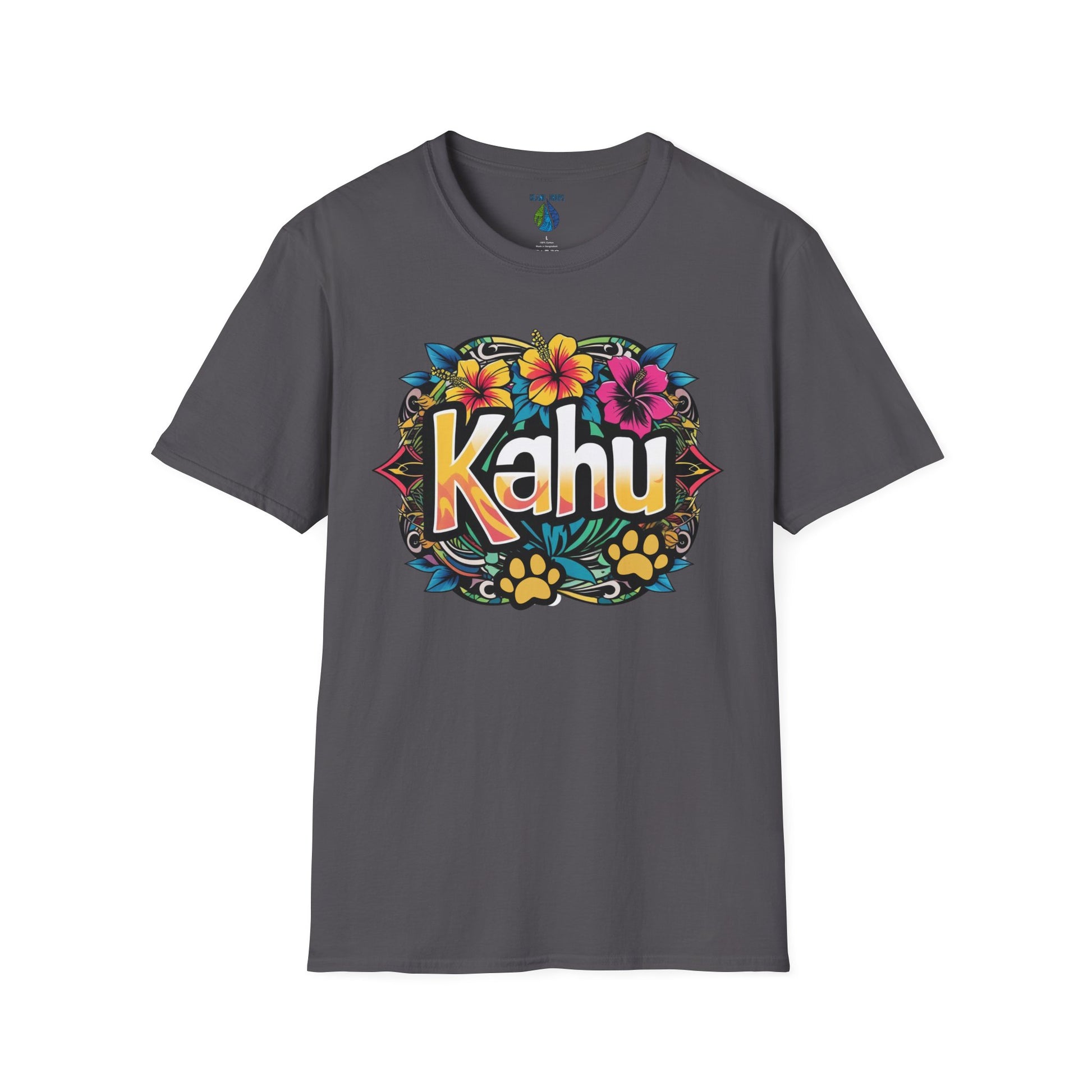 Gray t-shirt with colorful  'Kahu' graphic design with flowers and paw prints  - Island Drops t-shirt collection | Unisex t-shirt