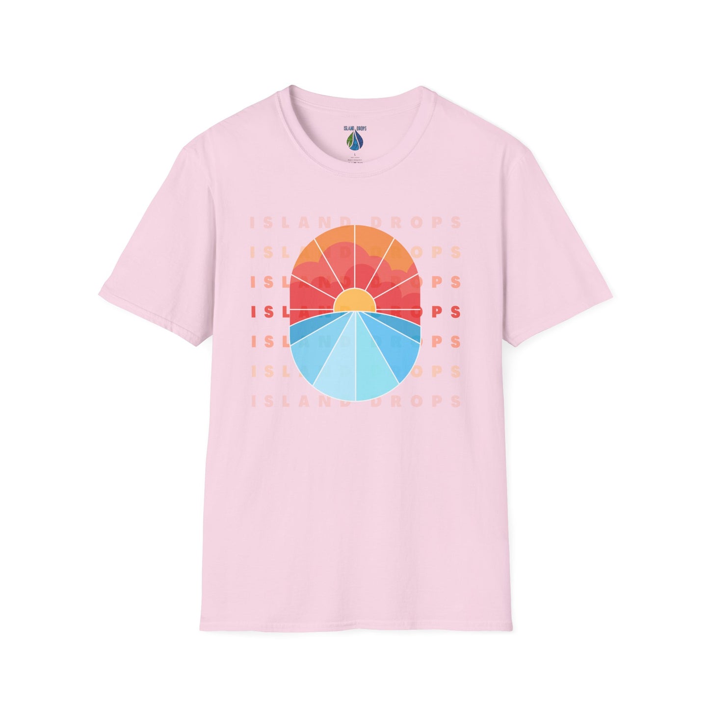 Pink t-shirt  with 'ISLAND DROPS' text behind a graphic sunset - Island Drops t-shirt collection | Unisex t-shirts