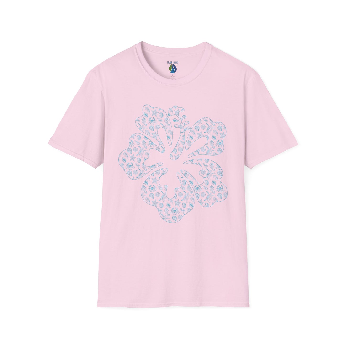 Pink t-shirt with a stylized hibiscus graphic design - Island Drops t-shirt collection | Unisex t-shirt