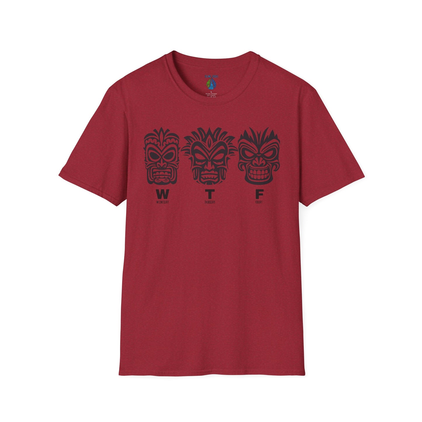 Red t-shirt with three tiki mask designs and 'WTF' text t-shirt - Island Drops t-shirt collection | Unisex t-shirts