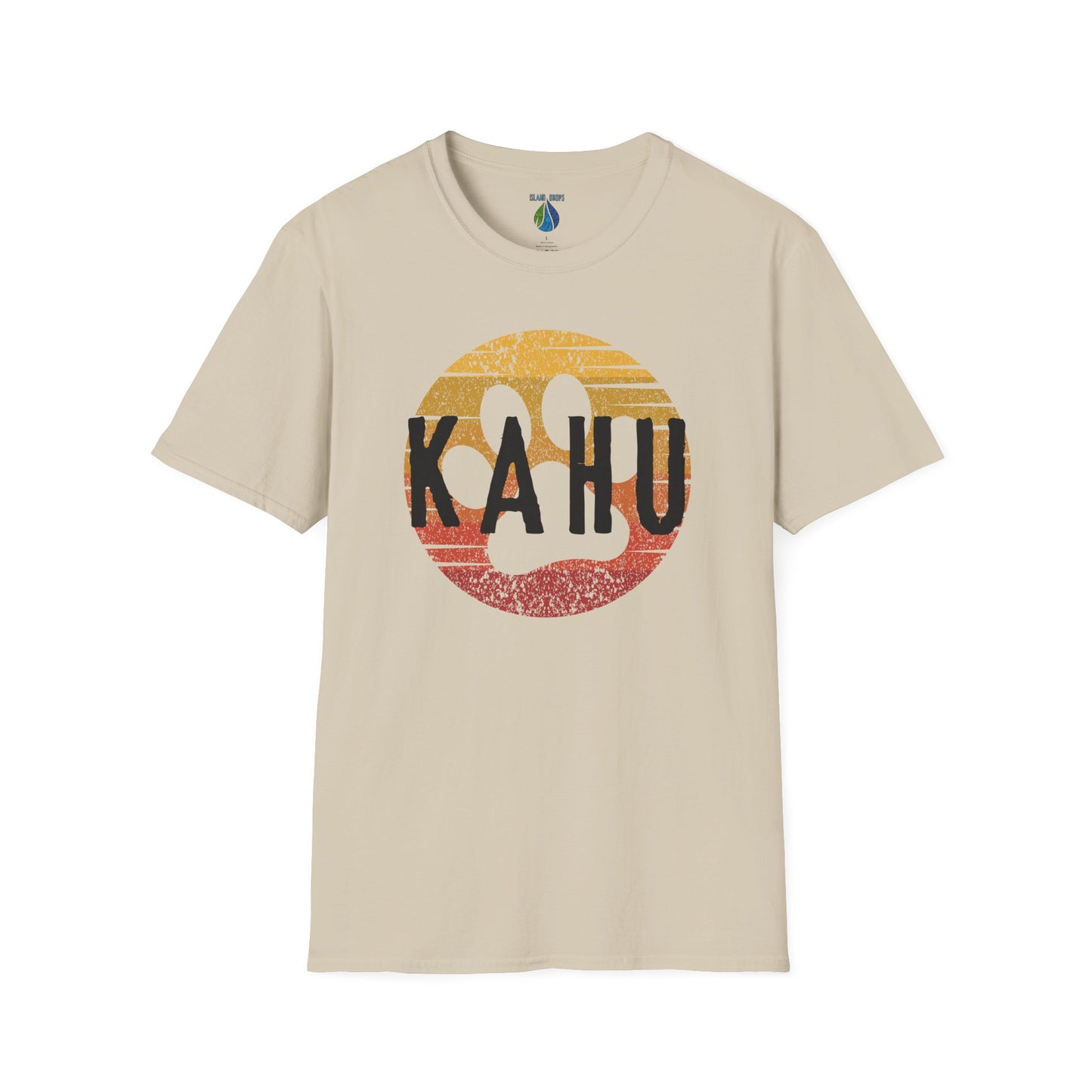Beige t-shirt with 'KAHU' text and sunset paw print graphic design - Island Drops t-shirt collection | Unisex t-shirts