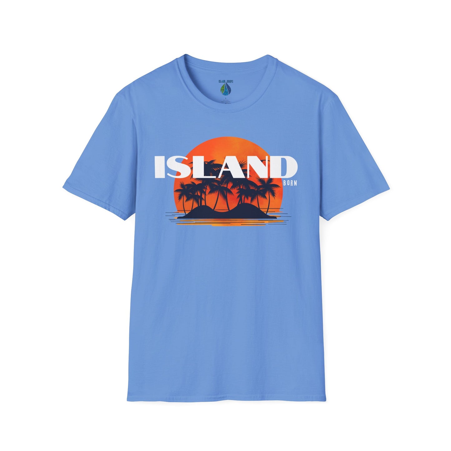 Light blue t-shirt with 'ISLAND BORN' graphic design with sunset and palm trees on an island - Island Drops t-shirt collection | Unisex t-shirts