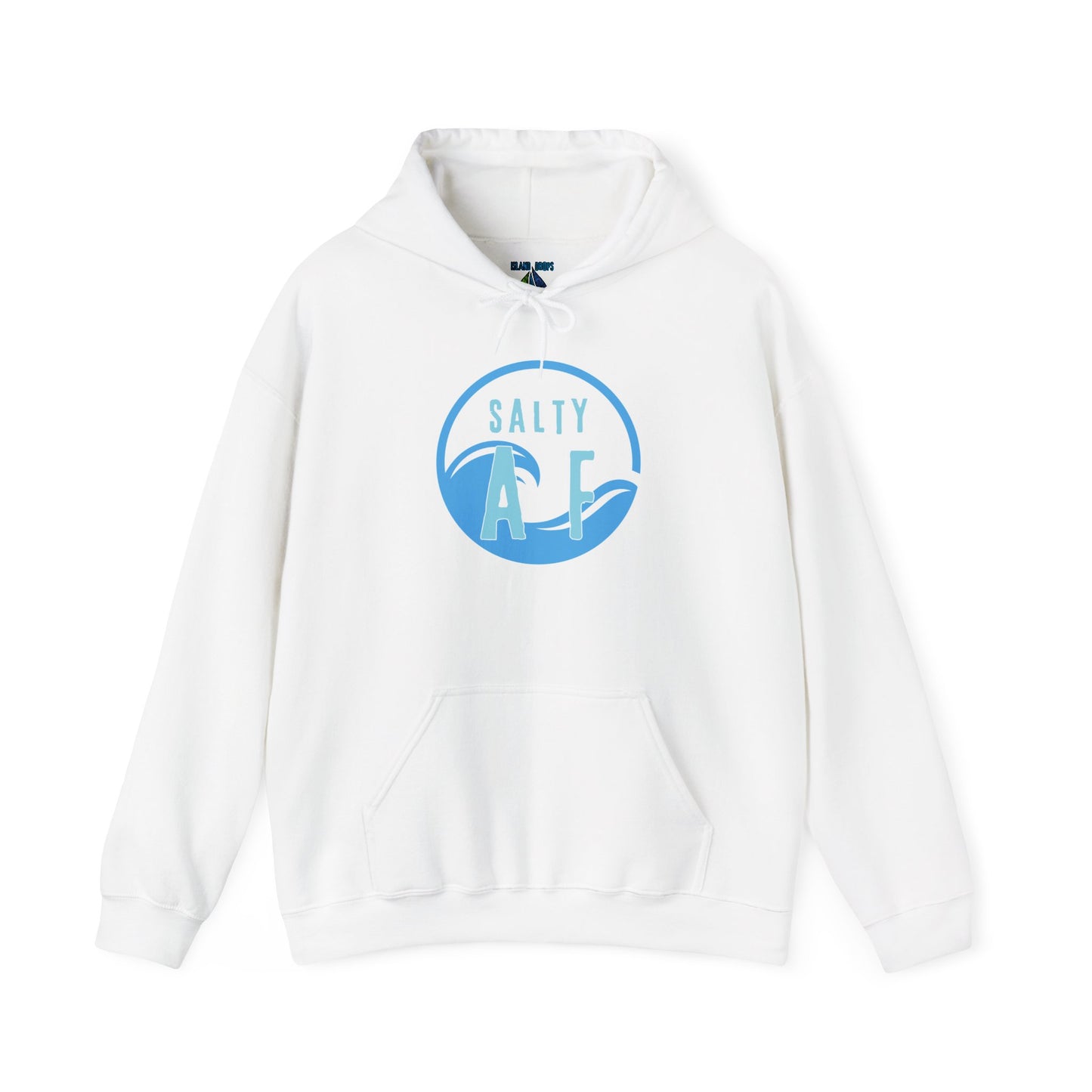 White hoodie with 'SALTY AF' text graphic design - Island Drops hoodie collection | Unisex pullover
