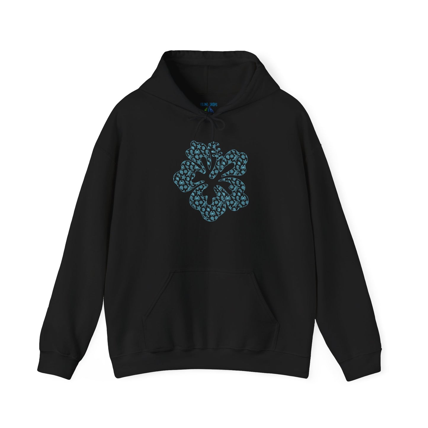 Black hoodie with a blue hibiscus graphic design - Island Drops hoodie collection | Unisex pullover