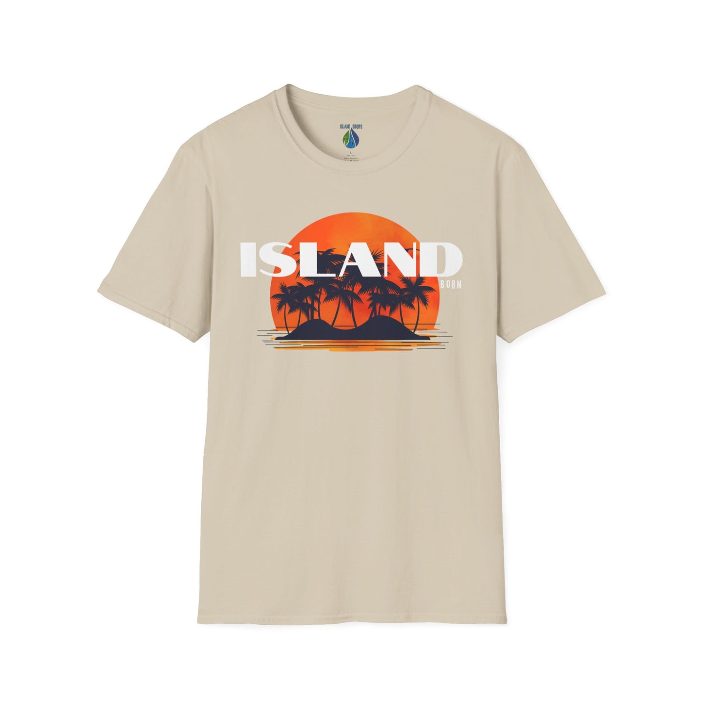 Beige t-shirt with 'ISLAND BORN' graphic design with sunset and palm trees on an island - Island Drops t-shirt collection | Unisex t-shirts