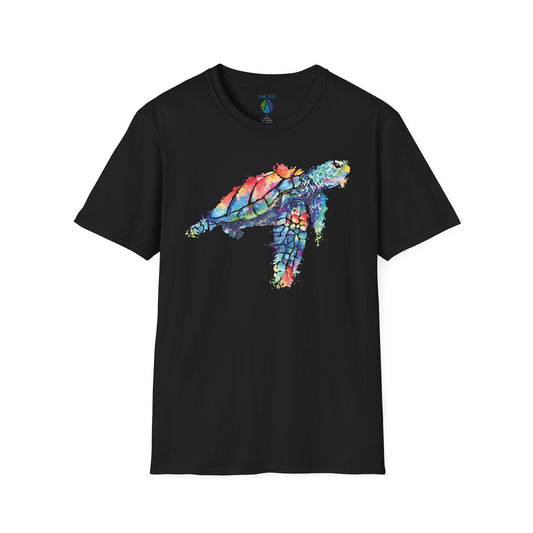 Black t-shirt  with stylized watercolor turtle graphic design - Island Drops t-shirt collection | Unisex t-shirts