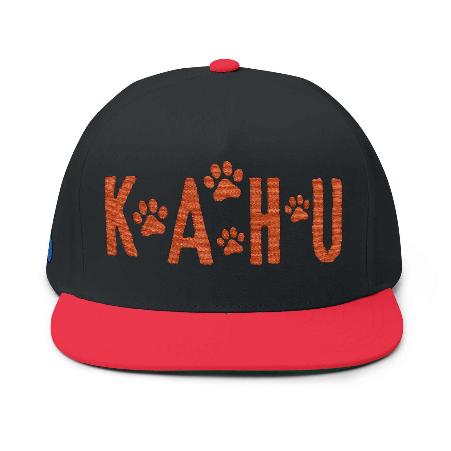 Black and red cap with 'KAHU' text and paw print graphic design - Island Drops hat collection | Unisex snapback caps