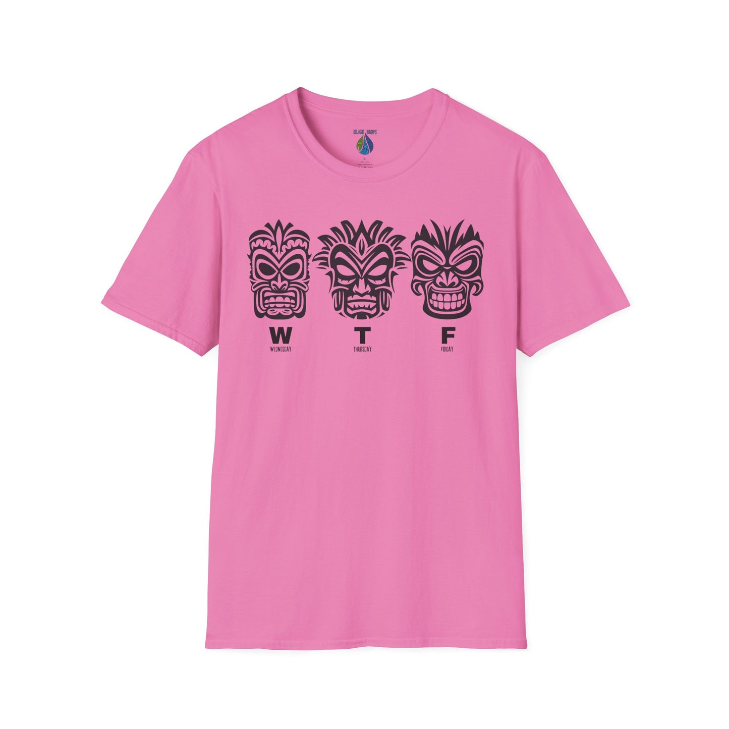 Pink t-shirt with three tiki mask designs and 'WTF' text t-shirt - Island Drops t-shirt collection | Unisex t-shirts