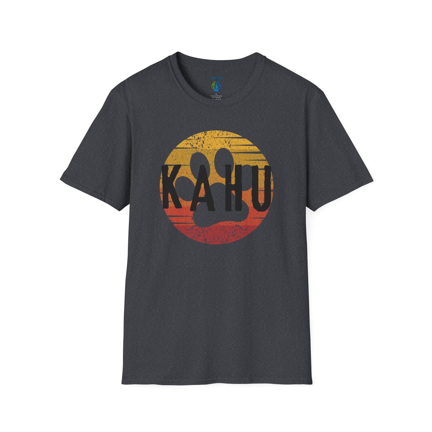 Charcoal t-shirt with 'KAHU' text and sunset paw print graphic design - Island Drops t-shirt collection | Unisex t-shirts