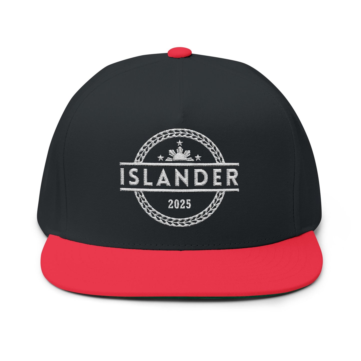 Black and red cap with 'ISLANDER' text and filipino flag graphic design - Island Drops hat collection | Unisex snapback caps