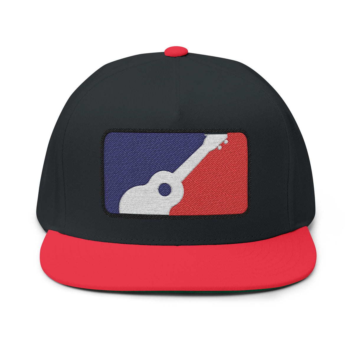 Black snapback cap with red brim and red, white, and blue ukulele patch