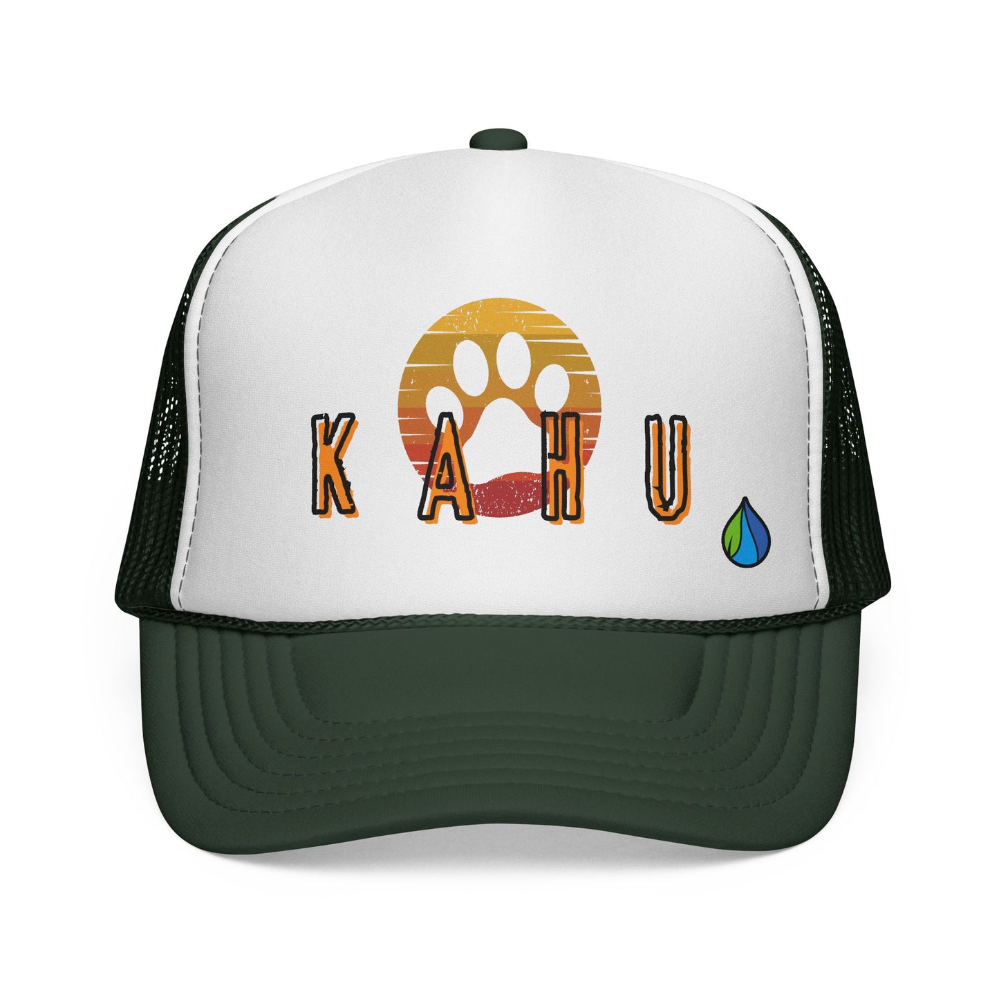 Dark green cap with 'KAHU' branding with sunset paw print graphic design - Island Drops hat collection | Unisex trucker hat, trucker cap