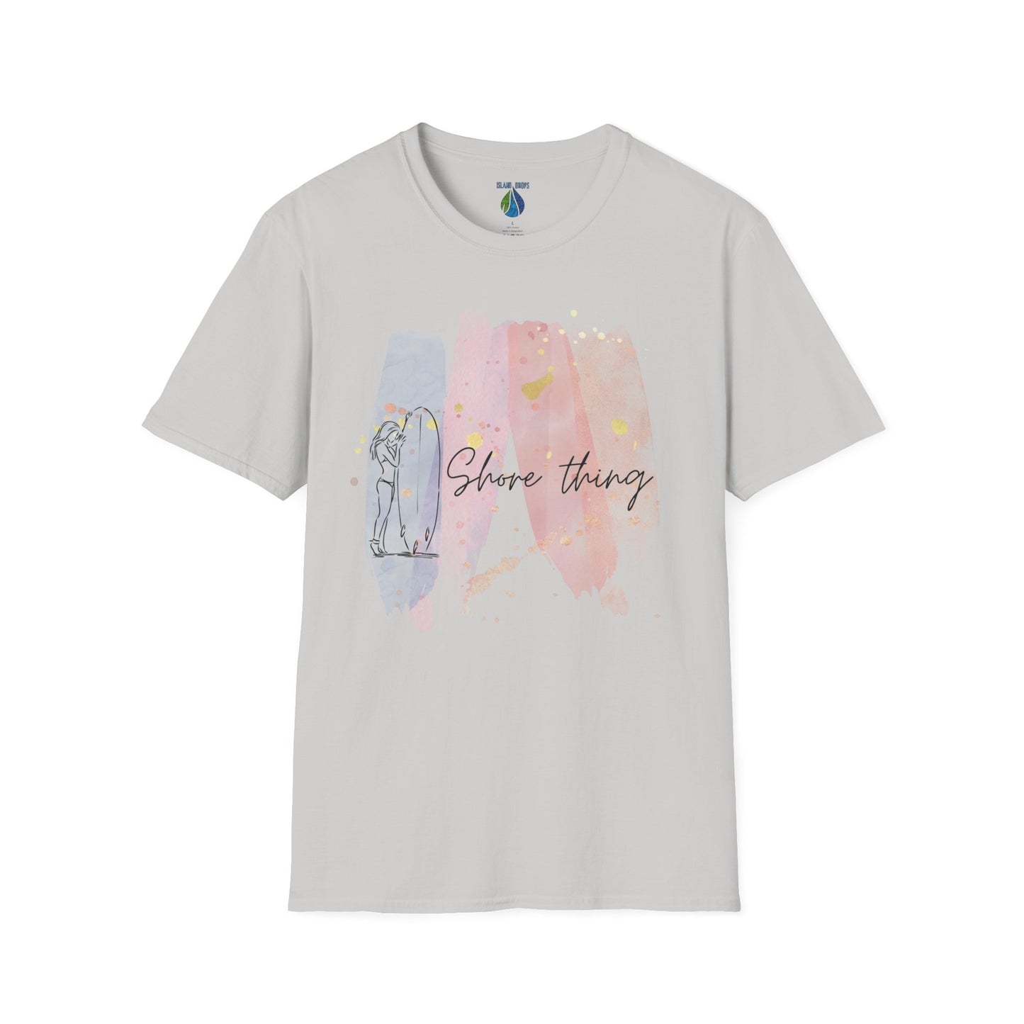 Gray t-shirt  with 'Shore Thing' text and watercolor and surfer girl graphic design - Island Drops t-shirt collection | Unisex t-shirts