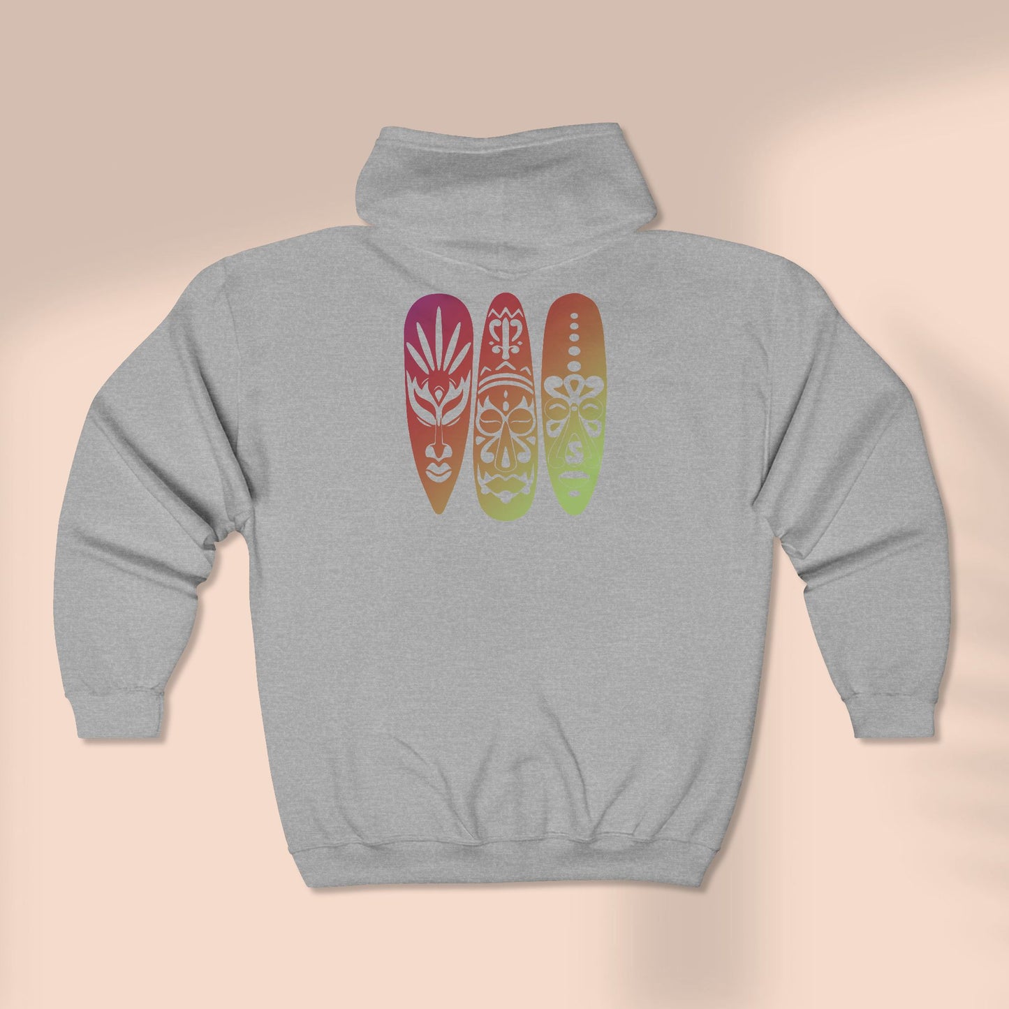 Back of full zip hoodie with tribal mask graphic design - Island Drops hoodie collection | Unisex zipper hoodie