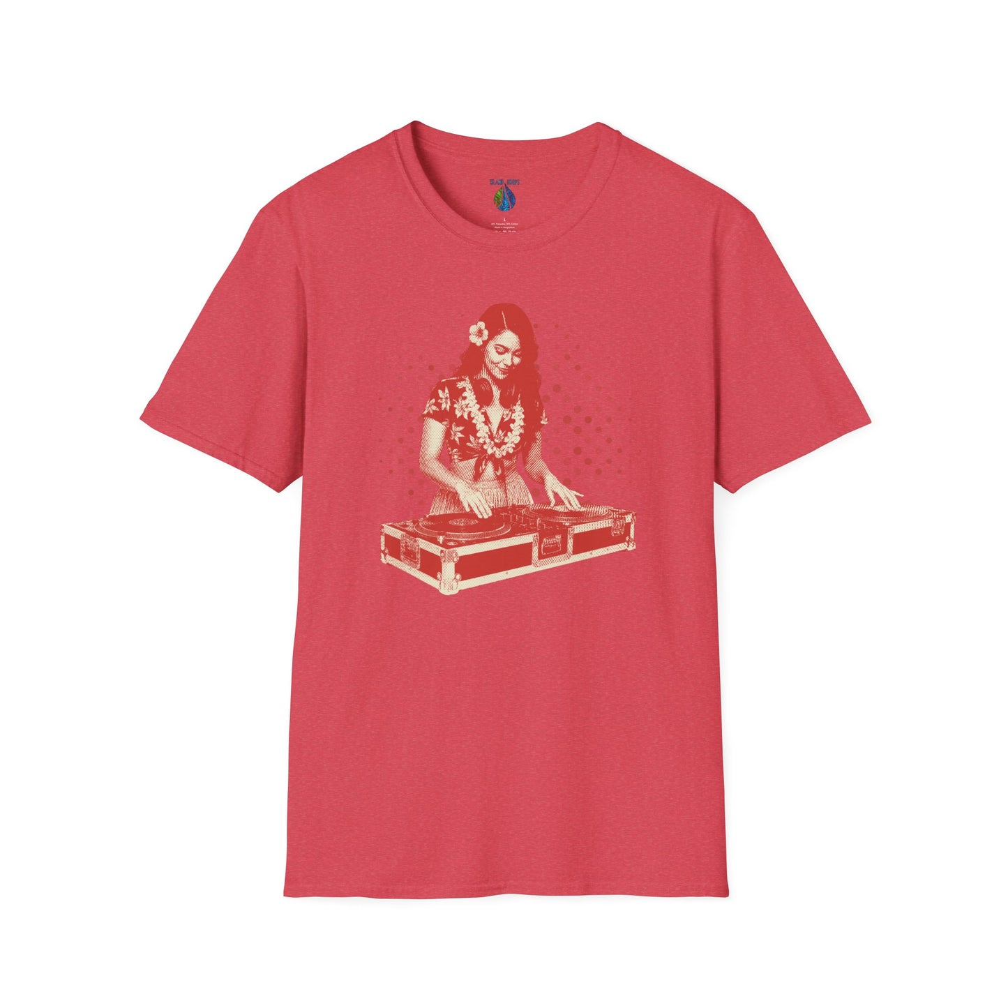 Red t-shirt with a female hula dancer as a DJ graphic design - Island Drops T-shirt collection | Unisex t-shirt