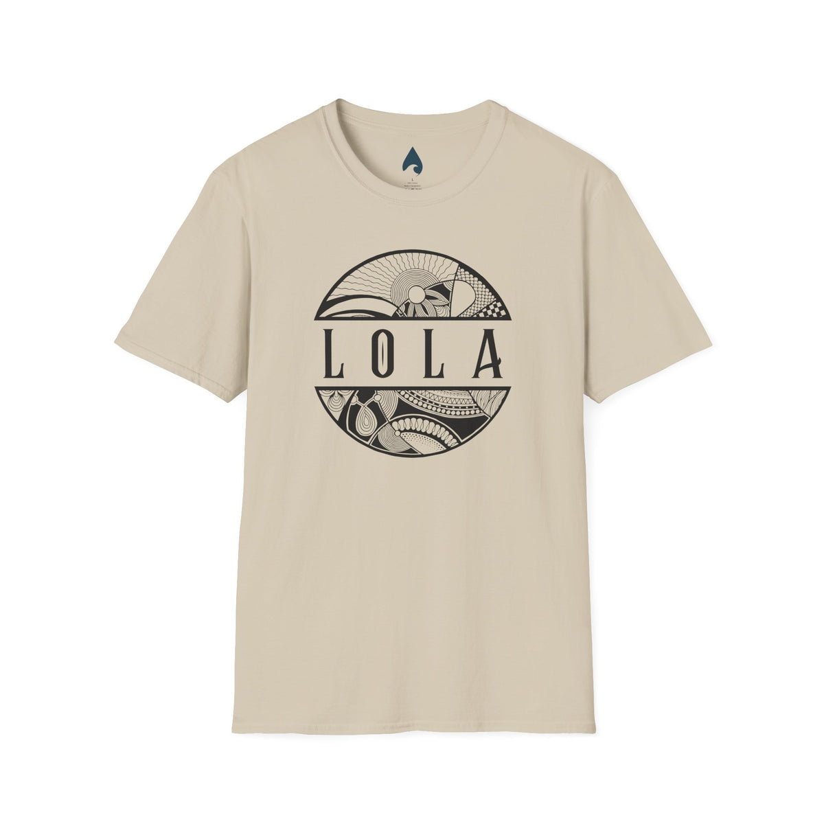 Sand T-shirt front with black Lola lettering and tribal island circle graphic