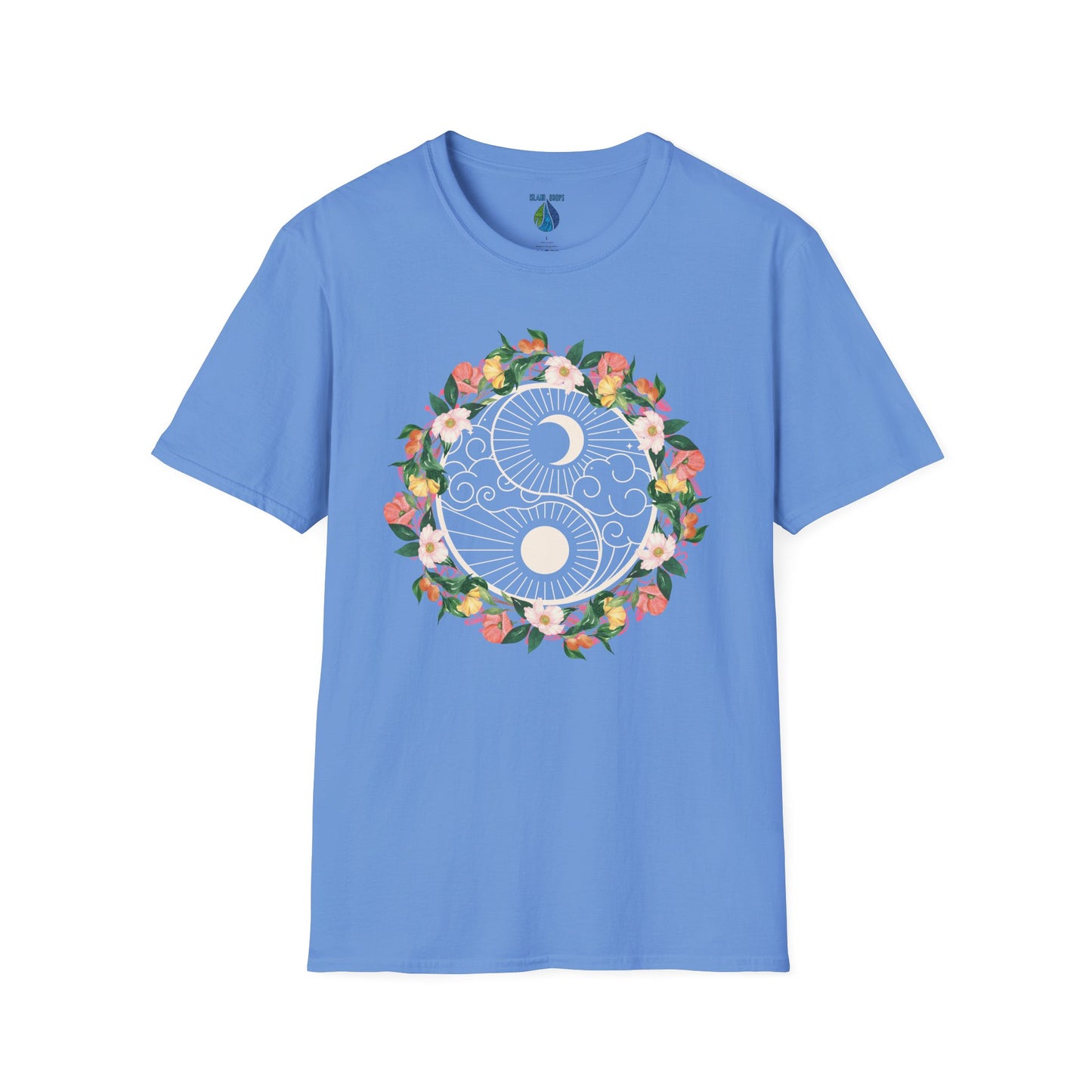 Blue t-shirt with a floral yin yang design - Island Drops t-shirt collection | Unisex t-shirts