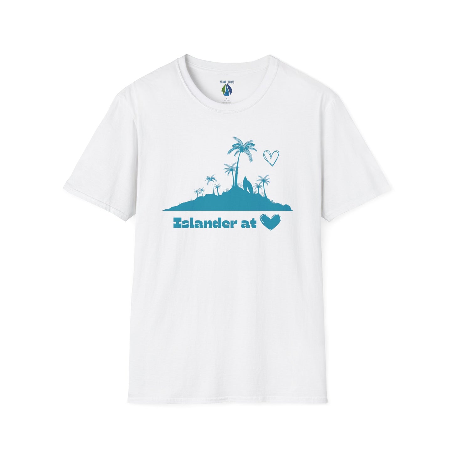 Gray t-shirt  with 'Islander at Heart' text with palm trees and island graphic design - Island Drops t-shirt collection | Unisex t-shirts