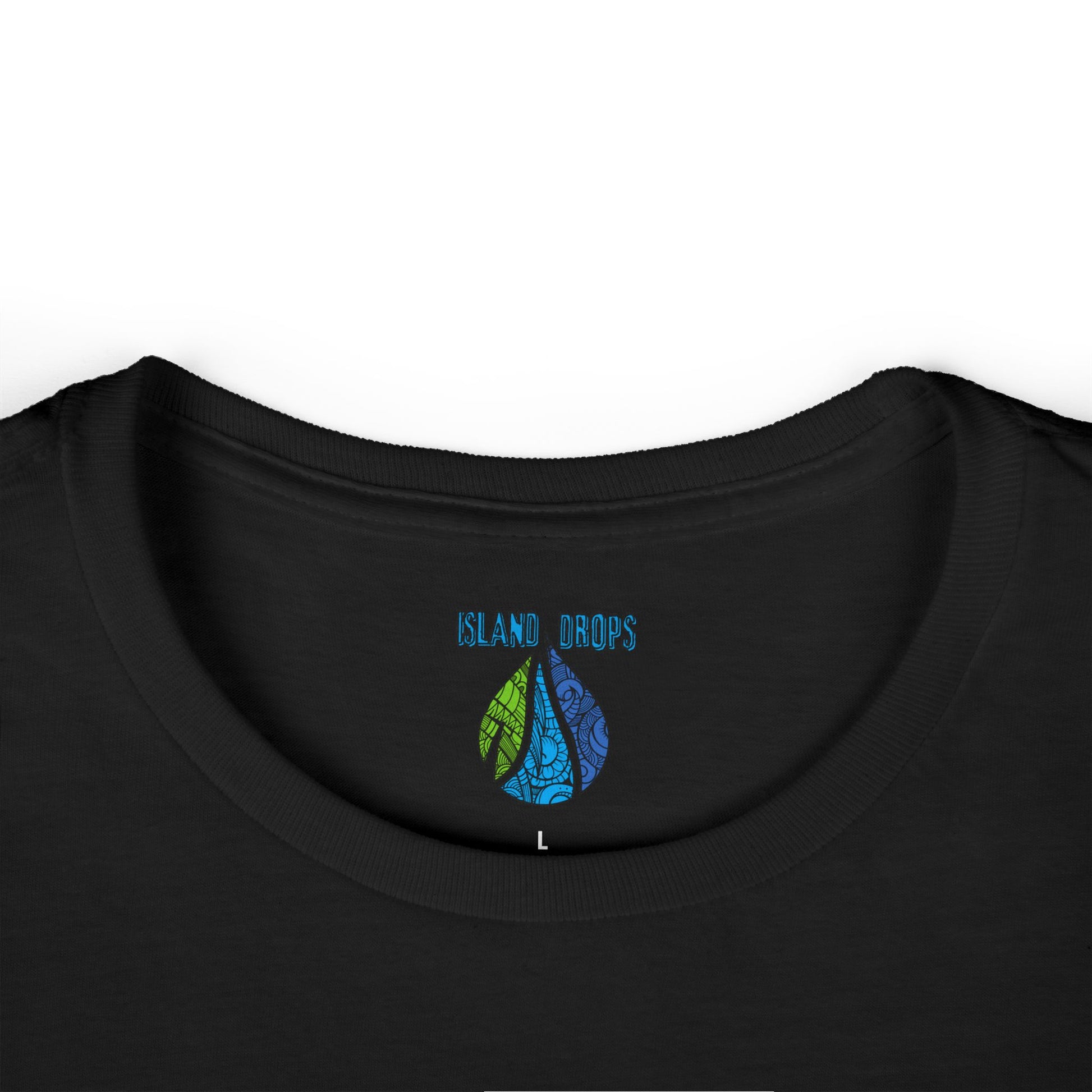 Black t-shirt with 'Island Drops' logo on a white background
