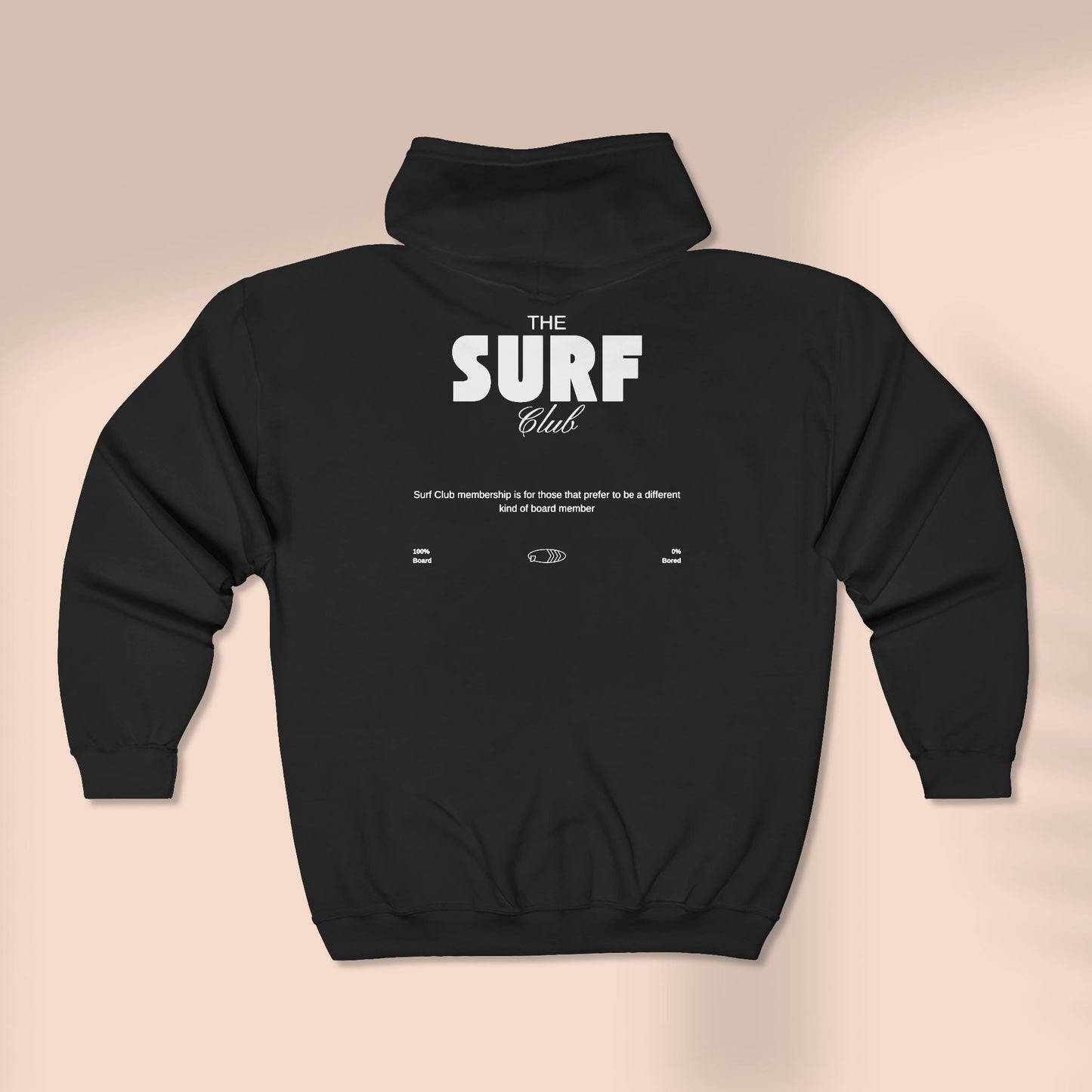 Back of full zip hoodie with  'THE SURF CLUB' text, 100% BOARD, 0% BORED - Island Drops hoodie collection | Unisex zipper hoodie