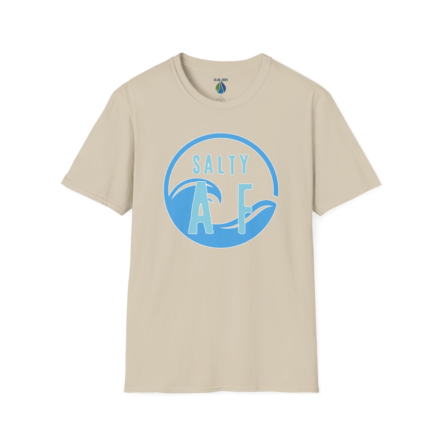 Beige t-shirt  with 'SALTY AF' text and stylized ocean graphic design - Island Drops t-shirt collection | Unisex t-shirts