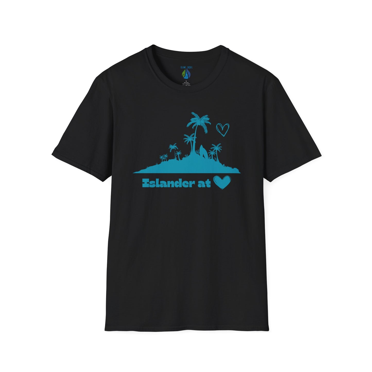 Black t-shirt  with 'Islander at Heart' text with palm trees and island graphic design - Island Drops t-shirt collection | Unisex t-shirts