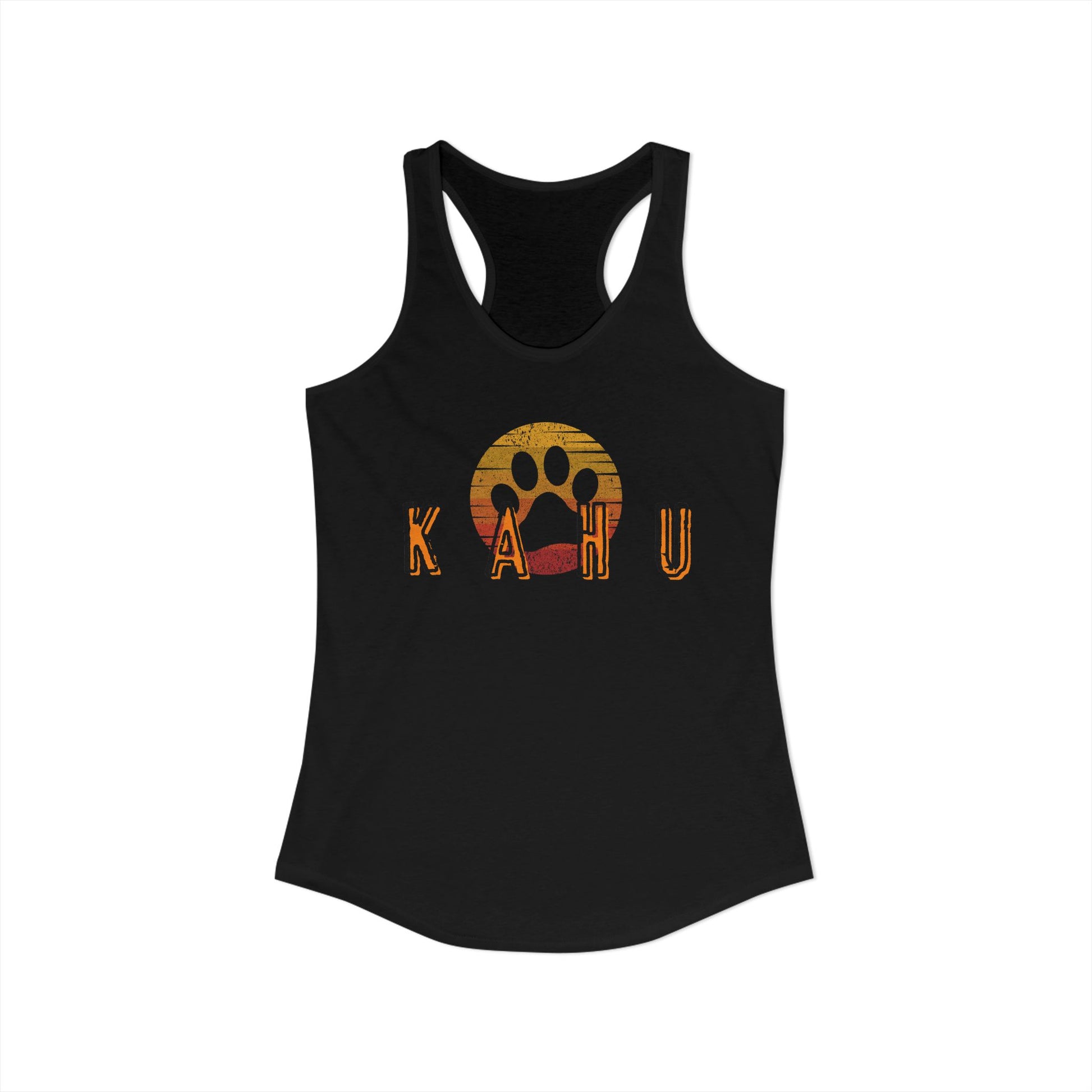 Black tank top with 'Kahu'  graphic design- Island Drops tank tops collection | Women's racer back tank