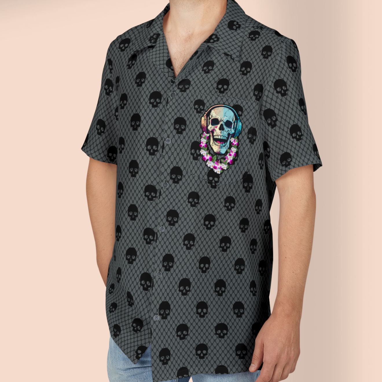 Skull DJ gray Button-Down Shirt