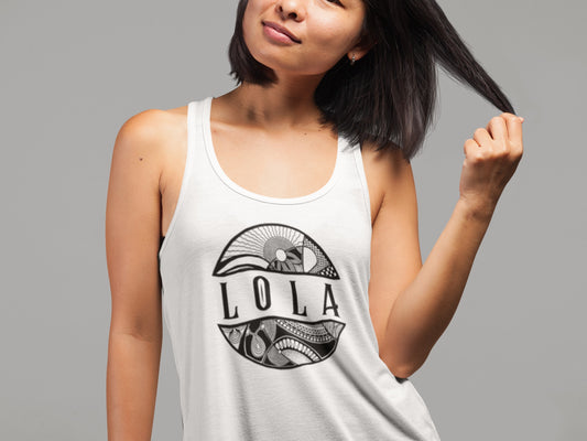 Woman wearing a white tank top with 'LOLA', meaning grandma, graphic design - Island Drops tank tops collection | Women's racer back tank