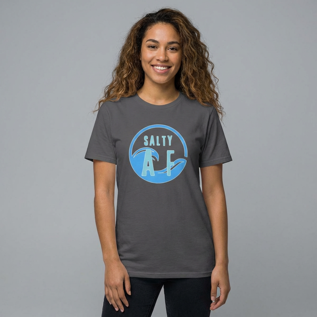 Woman wearing a gray women's cut t-shirt with  'SALTY AF' graphic design - Island Drops Women's collection | Women's cut t-shirt