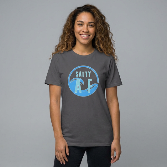 Woman wearing a gray women's cut t-shirt with  'SALTY AF' graphic design - Island Drops Women's collection | Women's cut t-shirt