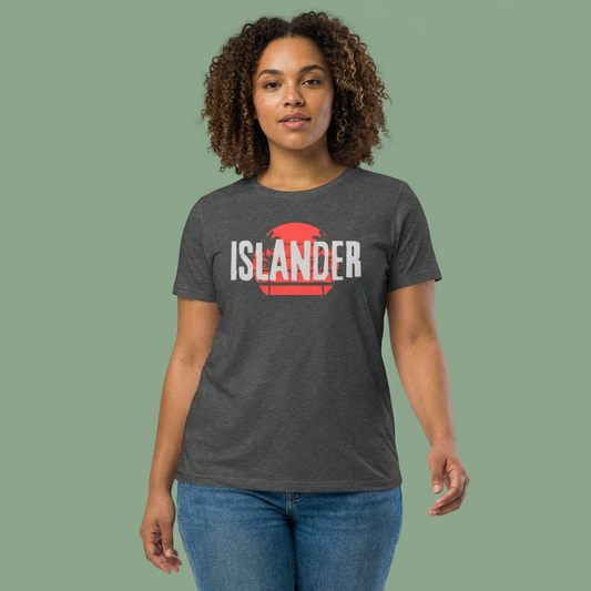 Woman wearing a dark gray women's cut t-shirt with  'ISLANDER' graphic design - Island Drops Women's collection | Women's cut t-shirt