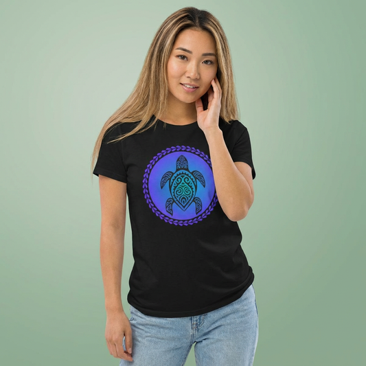 Woman wearing a black women's cut t-shirt with gradient turtle graphic design - Island Drops Women's collection | Women's cut t-shirt
