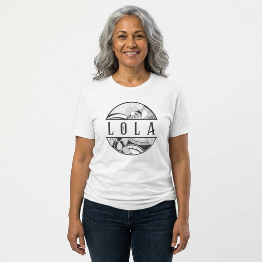 Woman wearing a white women's cut t-shirt with  'Lola', meaning grandma in filipino, graphic design - Island Drops Women's collection | Women's cut t-shirt