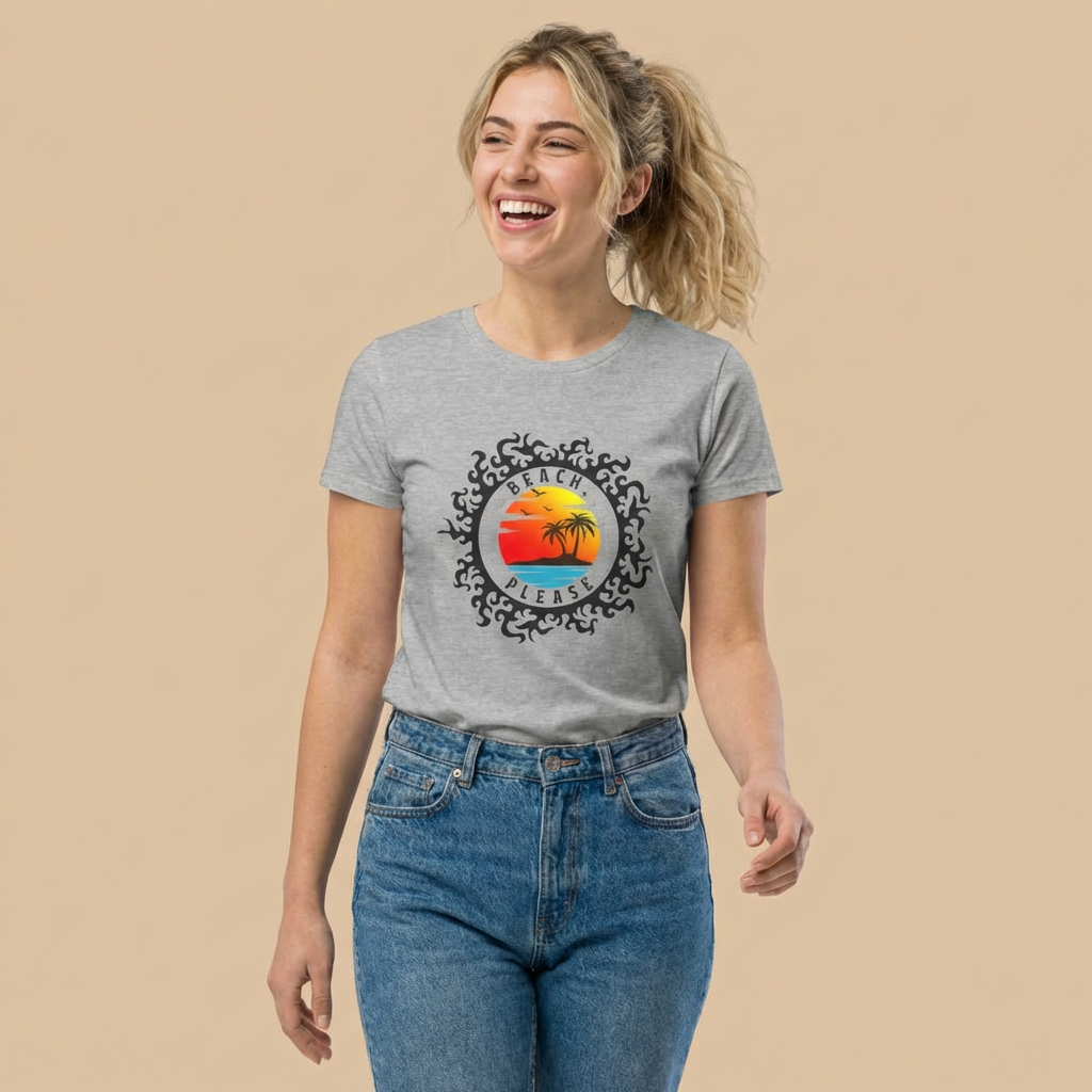 Woman wearing a gray women's cut t-shirt with 'Beach, Please' sunset graphic design - Island Drops Women's collection | Women's cut t-shirt
