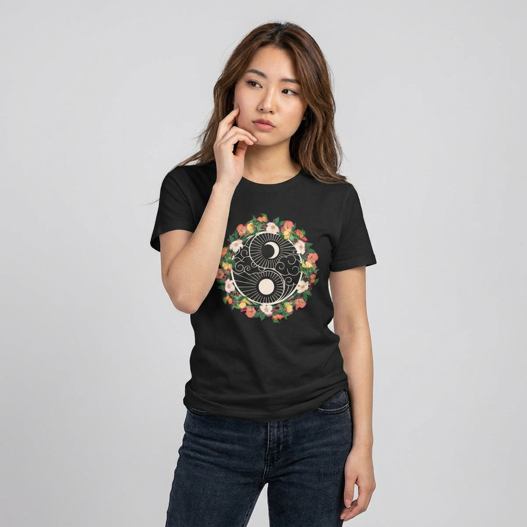 Person wearing a black women's cut t-shirt with floral yin yang graphic design - Island Drops Women's collection | Women's cut t-shirt