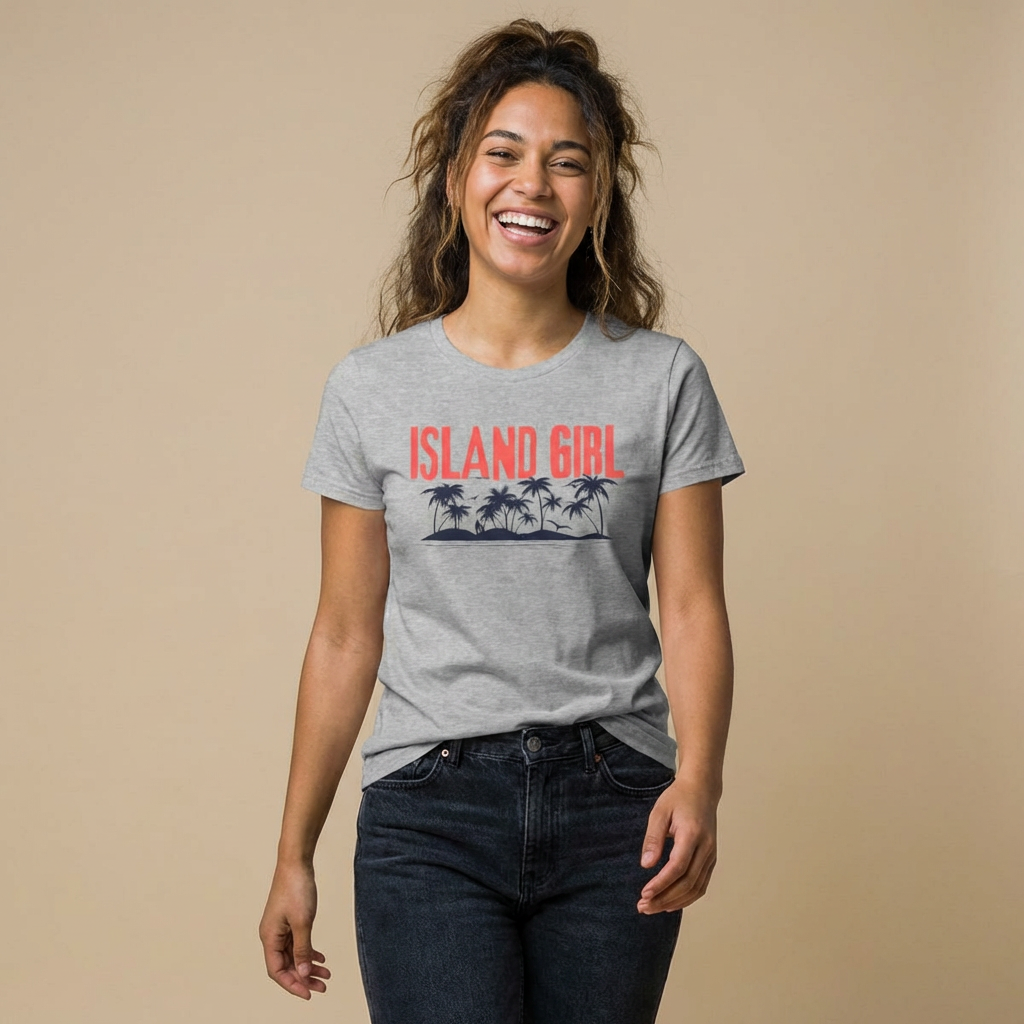 Woman wearing a gray women's cut t-shirt with 'ISLAND GIRL' graphic design - Island Drops Women's collection | Women's cut t-shirt