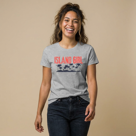 Woman wearing a gray women's cut t-shirt with 'ISLAND GIRL' graphic design - Island Drops Women's collection | Women's cut t-shirt