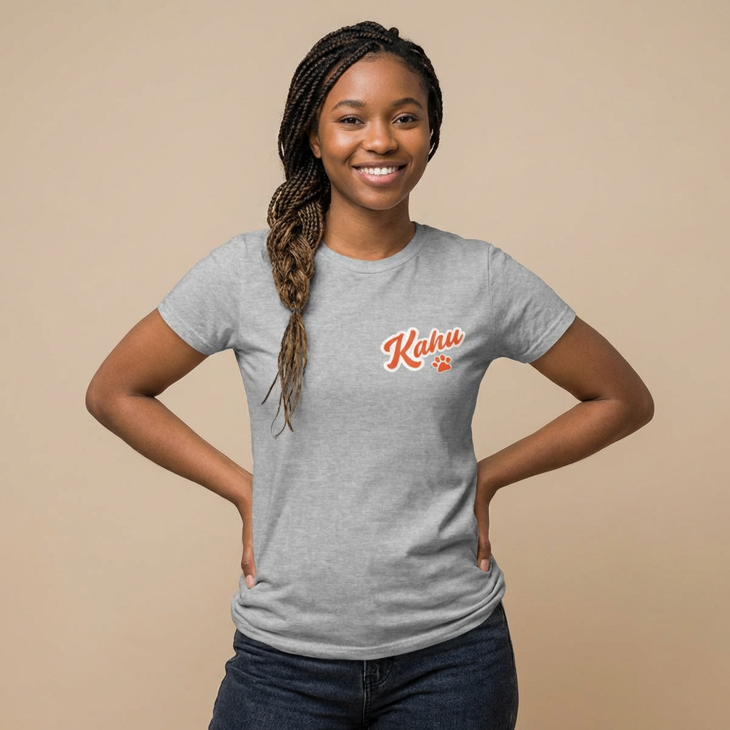 Woman wearing a gray women's cut t-shirt with  'Kahu' graphic design - Island Drops Women's collection | Women's cut t-shirt