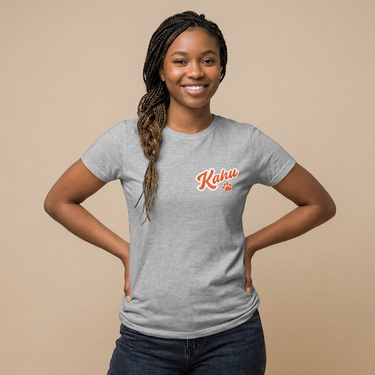Woman wearing a gray women's cut t-shirt with  'Kahu' graphic design - Island Drops Women's collection | Women's cut t-shirt