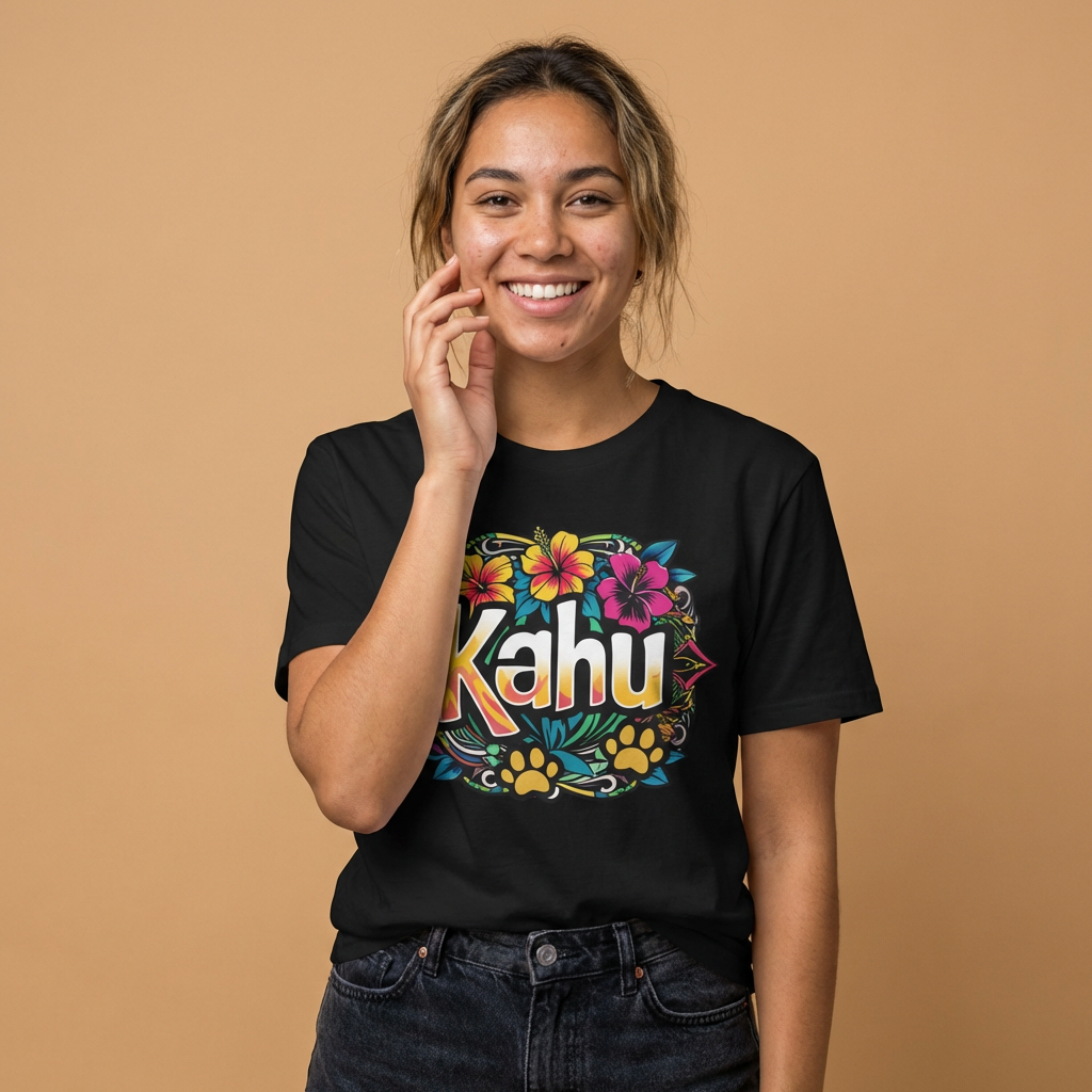 Person wearing a black t-shirt with colorful  'Kahu' graphic design with flowers and paw prints  - Island Drops t-shirt collection | Unisex t-shirt