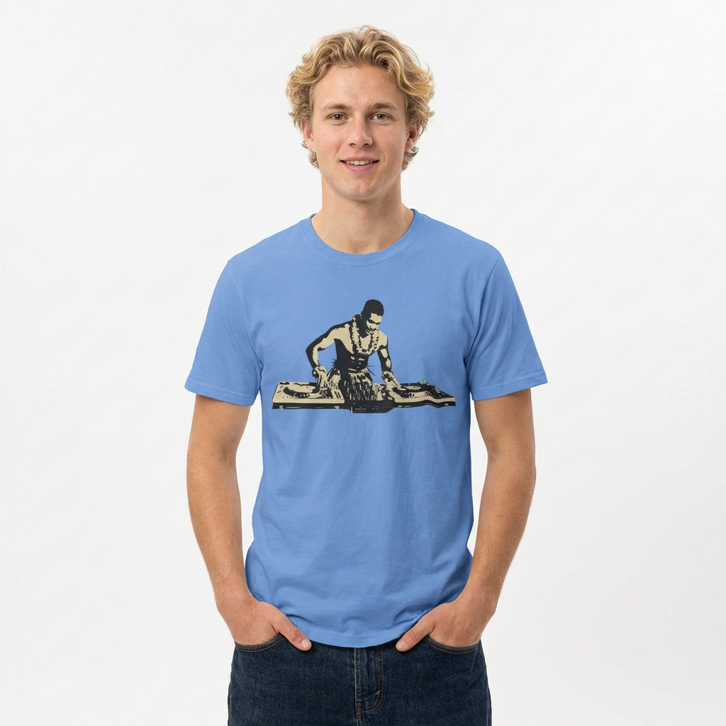 Man wearing a blue t-shirt with a Hula DJ graphic design  - Island Drops t-shirt collection | Unisex t-shirt