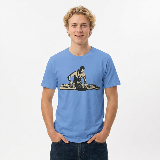 Man wearing a blue t-shirt with a Hula DJ graphic design  - Island Drops t-shirt collection | Unisex t-shirt