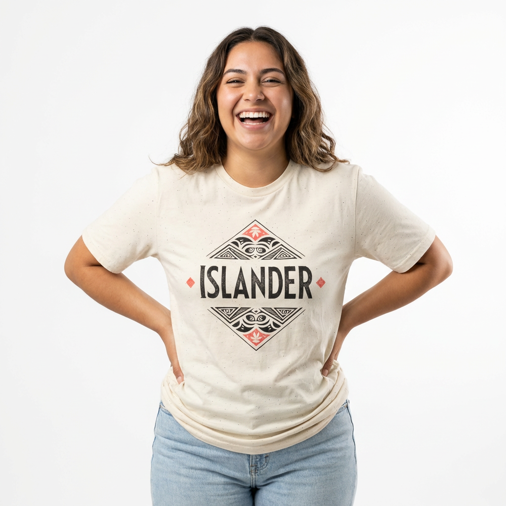 Person wearing a tan t-shirt with 'ISLANDER' tribal graphic design - Island Drops T-shirt collection | Unisex t-shirt