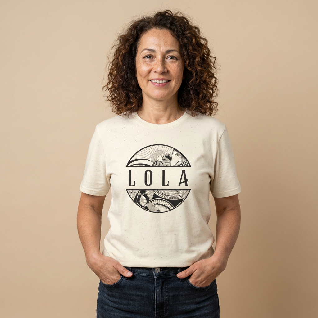 Woman wearing a white t-shirt with 'LOLA', meaning grandma, graphic design t-shirt  - Island Drops t-shirt collection | Unisex t-shirts