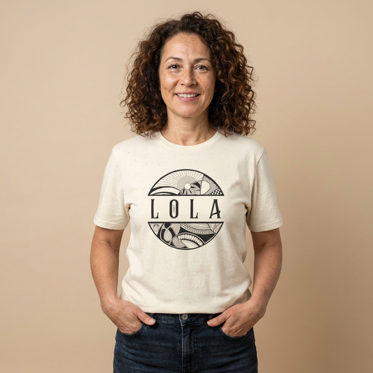 Woman wearing a white t-shirt with 'LOLA', meaning grandma, graphic design t-shirt  - Island Drops t-shirt collection | Unisex t-shirts