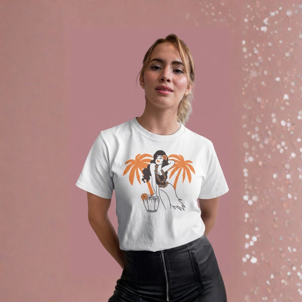 Woman wearing a white t-shirt with female hula dancer and palm trees graphic design - Island Drops t-shirt collection | Unisex t-shirts